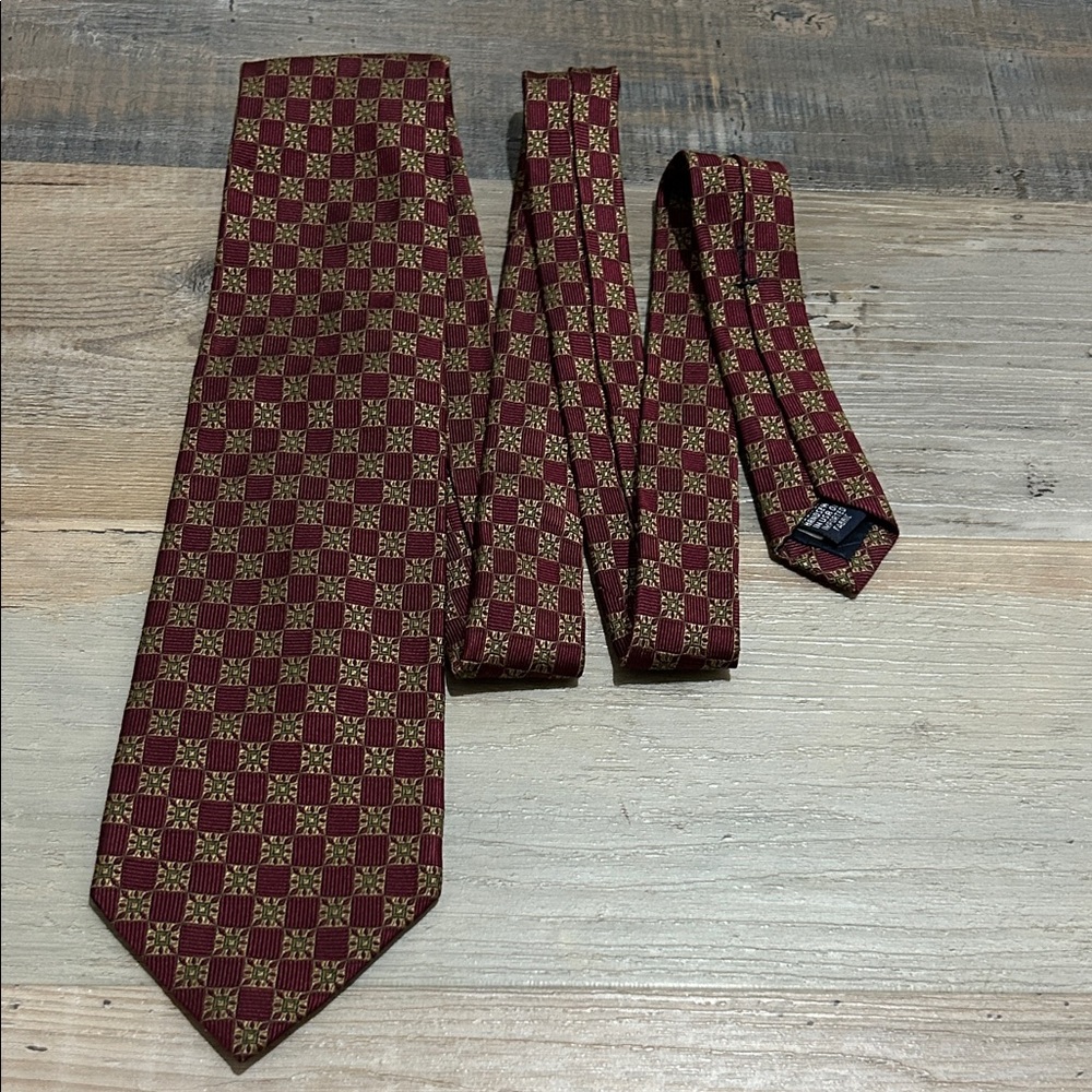 Lands' End Men’s Burgundy Gold Checkered Geometric Tie Silk Career Business Wear